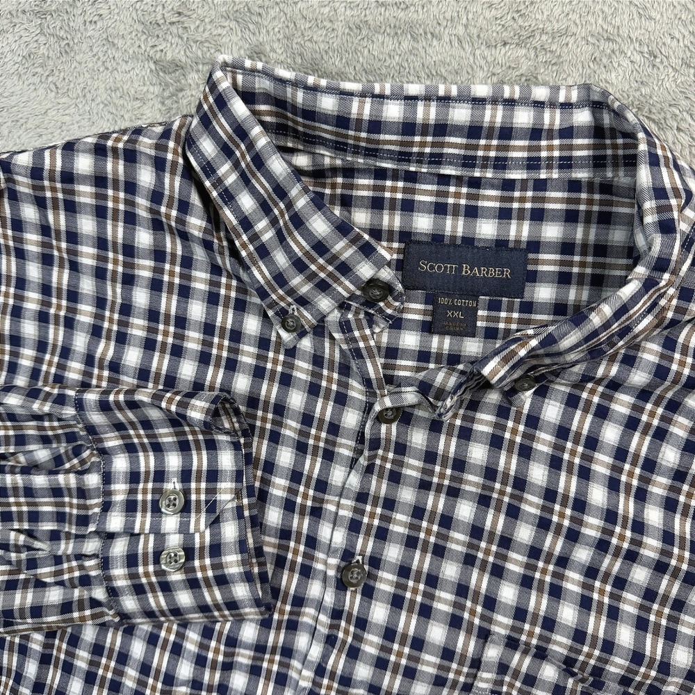 Scott Barber Mens XXL Plaid Button Down Shirt Navy Brown White 100% Cotton XXL